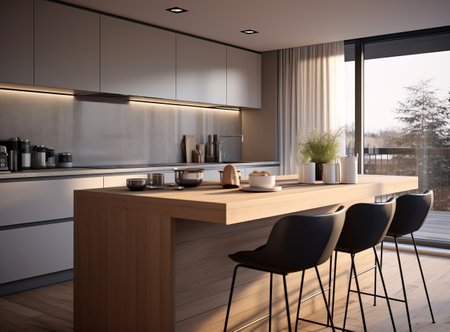 Modern kitchen interior with wooden countertop, black chairs, and a large window. Scandinavian styleの素材