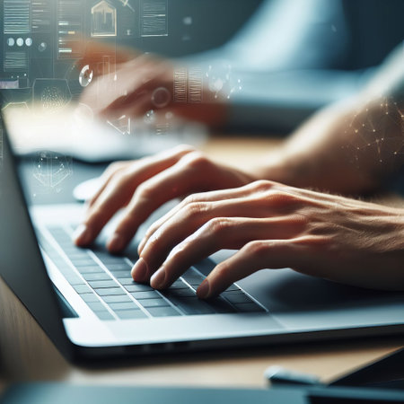 A pair of hands typing on a laptop keyboard. Graphical elements include charts and graphs showing data analysis or business intelligenceの素材