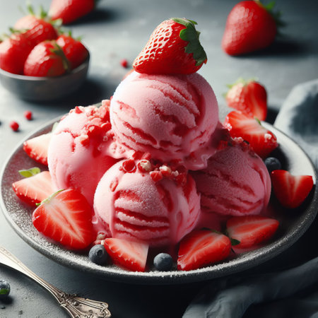 This close-up image shows strawberry ice cream scoops topped with fresh strawberries and blueberries against a dark background. The ice cream is soft and creamy in textureの素材