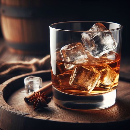 A glass of whiskey with ice on a wooden barrel, highlighted by warm lighting. Star anise adds a touch of eleganceの素材