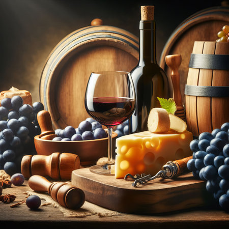 Rustic setting for wine and cheese with grapes, bottle and glass of red wine, wooden barrels in the backgroundの素材