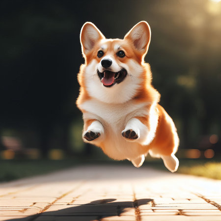 A joyful Corgi mid-jump on a sunny path, showcasing its playful and energetic natureの素材