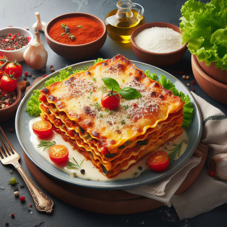 A delicious portion of lasagna on a blue plate, garnished with basil leaves and cherry tomatoes. It sits on a dark surface surrounded by various ingredients and kitchen utensilsの素材