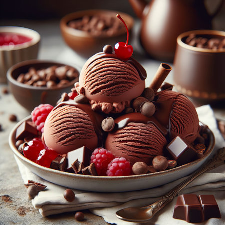 The plate has beautifully arranged chocolate ice cream, decorated with cherries, raspberries and various toppingsの素材