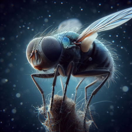 A close-up captures a fly with a blue body and red eyes, set against a dark, blurred background speckled with whiteの素材