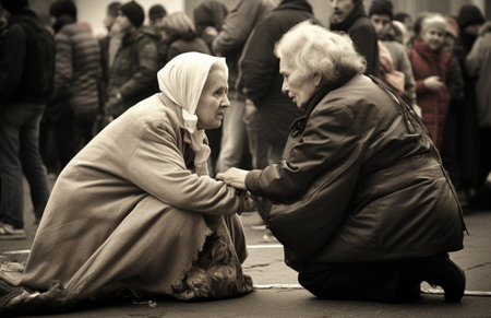 Two elderly women sharing a moment of connection amidst a crowd, evoking themes of empathy and compassionの素材