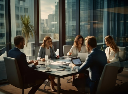 Professionals in a modern office, discussing over laptops and notes, with a cityscape viewの素材