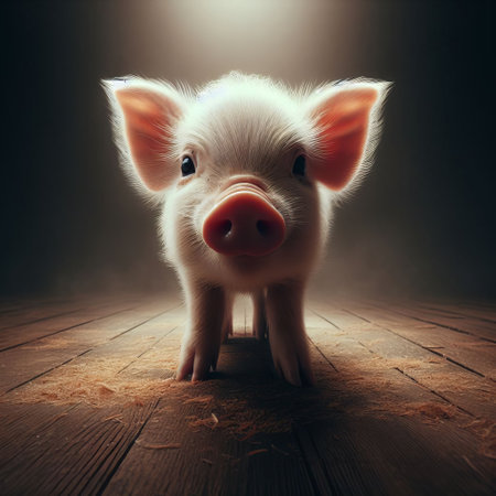 A pink piglet stands on a wooden floor, illuminated by soft lightingの素材