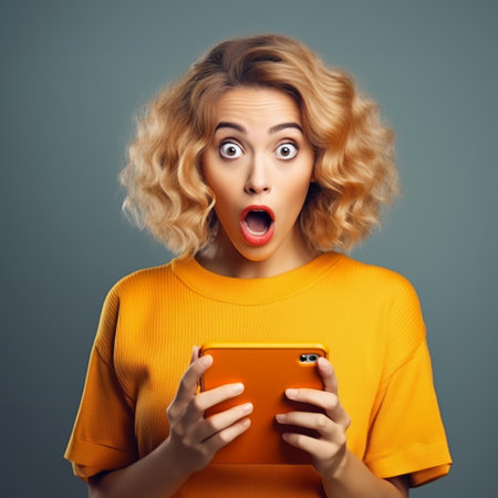 Surprised blonde woman in sweater hold tablet, looking at the camera with open mouth and eyes wide open in amazementの素材