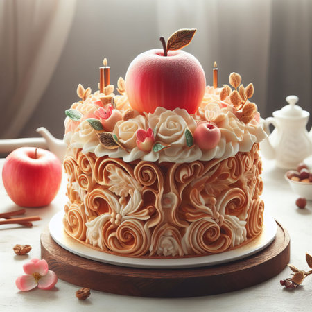 A beautifully designed cake with intricate icing designs reminiscent of roses and leaves. The cake is decorated with realistic looking apples made of sugar or similar materialの素材