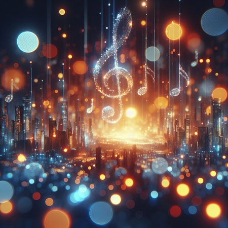 A blend of music and a modern cityscape at night. A large glowing treble clef symbol and musical notes are suspended in the air above the cityの素材