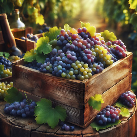 A wooden crate filled with freshly harvested grapes of various colors placed on top of an old barrel. Sunlight filters through the leaves of the surrounding vineyard castingの素材