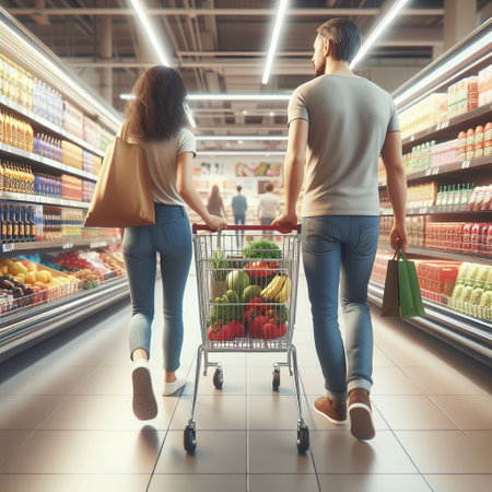 A couple shopping for groceries in a well-lit supermarket aisle. They are pushing a cart filled with fresh produce. In the background there is another shopper browsing items on the shelfの素材