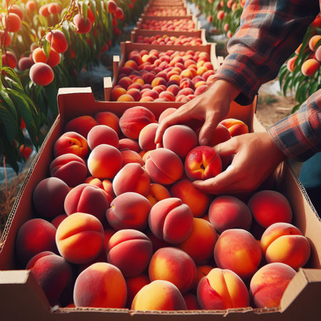 A man in a plaid shirt picks ripe colorful peaches and puts them in a cardboard box in the middle of a peach orchard. Peaches are bright and colorfulの素材