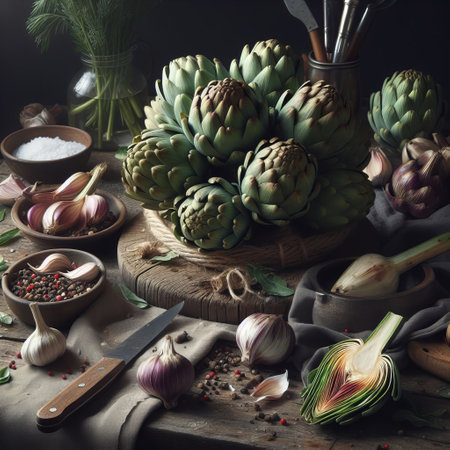 The image depicts artichokes and garlic on a rustic wooden board, surrounded by fresh herbs and spices. The dark, moody atmosphere enhances the texturesの素材