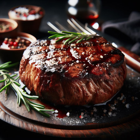 A succulent piece of grilled steak with rosemary, salt, and pepper on a dark wooden board. A glass of red wine and additional spices are visible in the backgroundの素材