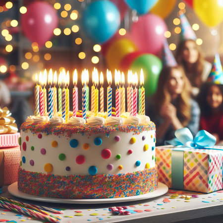 The image depicts a vibrant birthday scene with a colorful cake, lit candles, gifts, and balloons. Festive and joyful atmosphereの素材