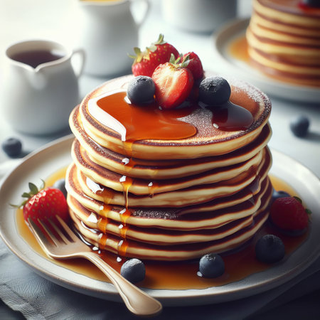 A stack of golden brown pancakes with syrup, strawberries and blueberries on a white ceramic plate. In the background there are two white jugs, one containing more syrupの素材