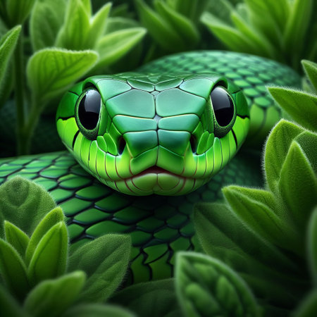 A digital artwork of a green snake with intricate scales and captivating eyes, amidst lush leavesの素材