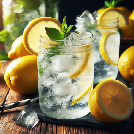 This image shows two glass jars filled with refreshing lemonade. Lemon slices and ice cubes are visible inside the clear glass jars. A sprig of mint adds a hint of green to the top of one jarの素材