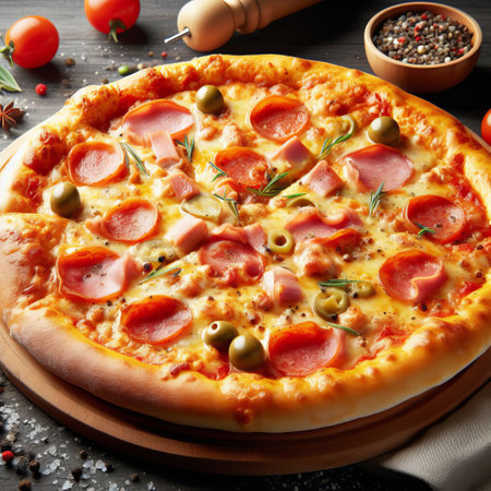 This image shows a delicious pizza with ham, olives, and tomatoes on a wooden table, sprinkled with pepperの素材