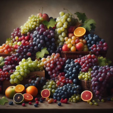 This is a still life composition of various fresh fruits including grapes, apples, and citrus on a dark background. The fruits are arranged in an aesthetically pleasing manner with some placed in basketsの素材
