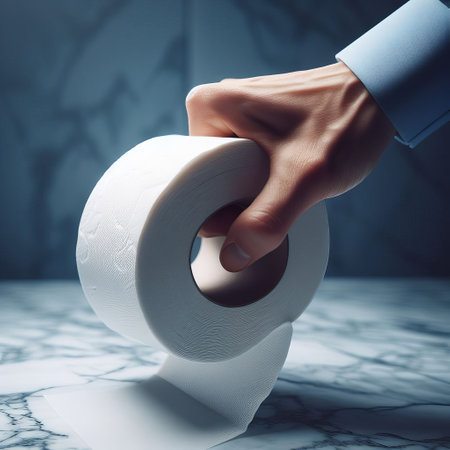 A hand in a business shirt holding a roll of toilet paper, with a dramatic shadowed background. The roll is white, clean, and softの素材