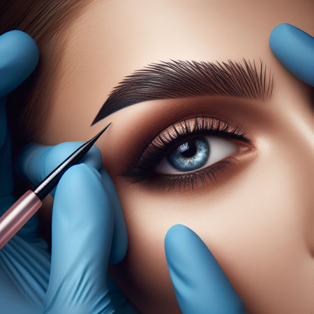 Close-up of a girl eye with makeup. A professional holds a brush to shape eyebrows. The image reflects the precision and attention to detail required in professional makeup applicationの素材
