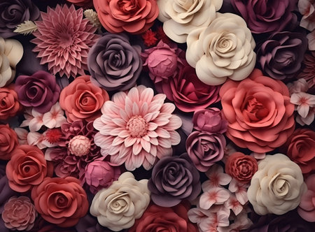 Close-up of many blooming flowers, tightly packed together. Flowers include roses, dahlias and other speciesの素材
