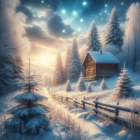 A cozy cabin in a snowy forest under a starry sky at sunset. Magical and serene winter landscapeの素材