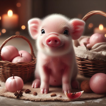 This image features a cute piglet surrounded by pink apples and candles, creating a cozy atmosphereの素材