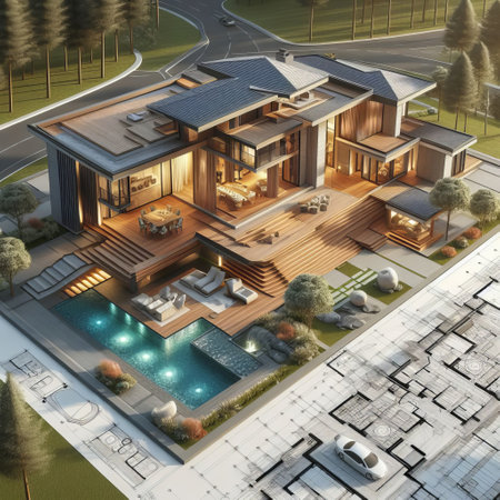 Modern luxurious house with pool, illuminated interior, wooden design, and architectural blueprintsの素材