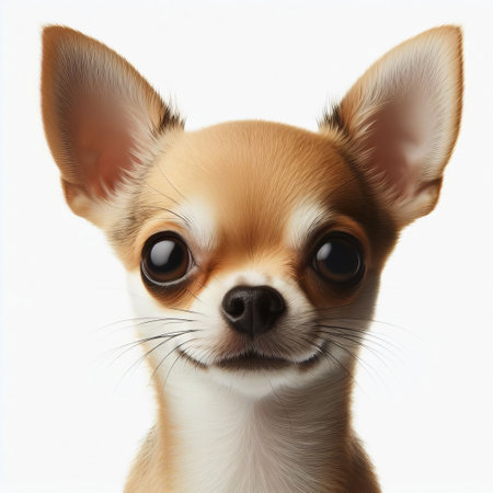 Close-up of a Chihuahua dog. The dog's neck is visible and covered with light brown fur. The background is white, making the dog the center of the imageの素材