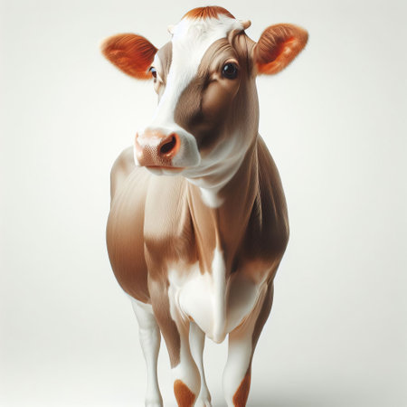 This is a realistic brown and white cow on a light background, looking straight at the viewer. A cow's eyes are expressive, but do not convey any specific emotionの素材