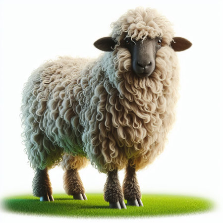 A fluffy sheep with detailed wool, standing on green grass, isolated on a white background. The wool appears soft and curly with intricate details to depict its fluffinessの素材
