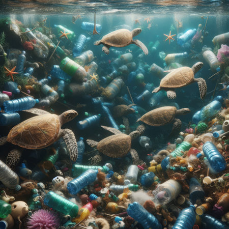 Sea turtles navigate through an ocean filled with plastic waste, highlighting the urgent need for marine conservationの素材