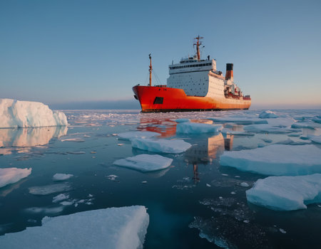 Large orange and white ship navigating through the Arctic Ocean, surrounded by icebergs under a clear blue skyの素材