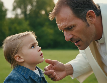 Adult and child in a park, engaged in a teaching moment. The father points out something, while the son listens attentivelyの素材