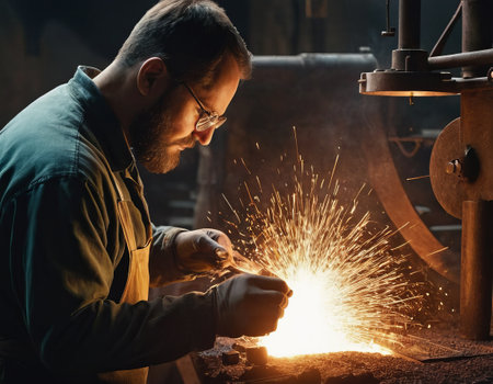 Bearded man in glasses in workshop skillfully operates a welding machine, sparks flying in a display of industry and craftの素材