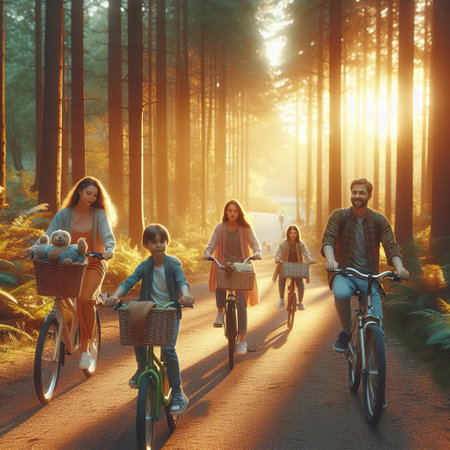 Family of five enjoys a sunrise bike ride through a lush forest, the woman with a teddy bear in the basketの素材