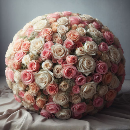 A beautiful bouquet of mixed roses arranged in a spherical shape, showing various shades of pink and whiteの素材