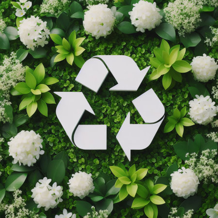 A white recycling symbol superimposed on a lush background of green plants and white flowers. The theme of the image suggests environmental consciousness and nature preservationの素材
