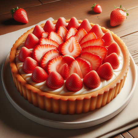 A delicious strawberry tart on a white plate, garnished with fresh strawberries on a wooden table. The tart is adorned with an arrangement of whole and sliced ripe red strawberriesの素材