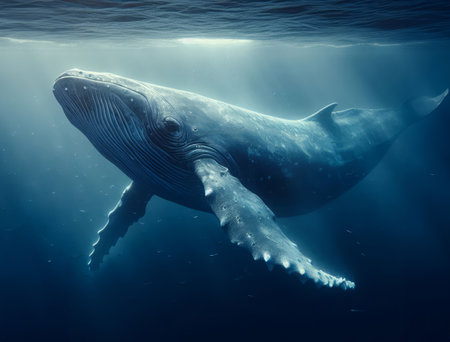 Majestic humpback whale swimming in the ocean with light rays shining through the waterの素材