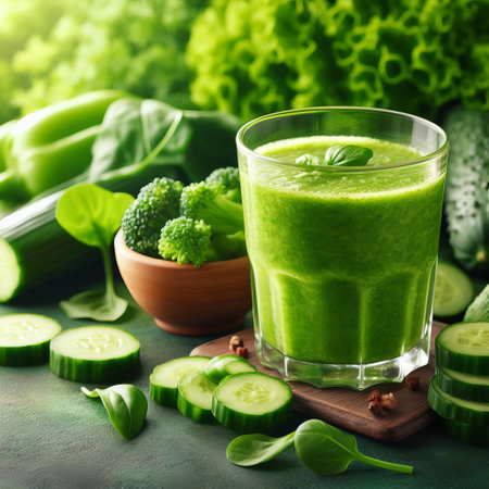 Fresh green smoothie surrounded by sliced cucumbers, broccoli and spinach leaves on a wooden surface. Delicious and healthy smoothieの素材