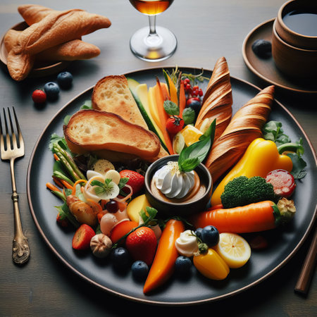 Gourmet spread of fresh, colorful food with a glass of wine, ideal for a healthy lifestyle and culinary themesの素材