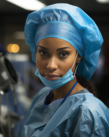African american medical professional dressed in blue surgical attire look camera. Female doctor are located in a medical setting, with various pieces of medical equipment visible in the backgroundの素材