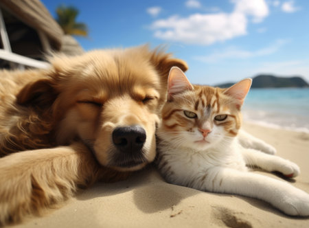Close up of a cat and dog resting on a sandy beach with a beautiful ocean view in the backgroundの素材