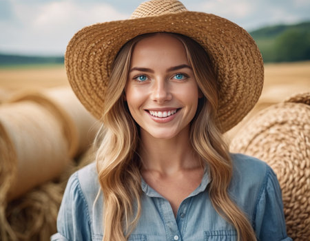 Smiling farmer woman with blue eyes in a straw hat standing near hay bales in a field, showcasing rural and agricultural lifestyleの素材