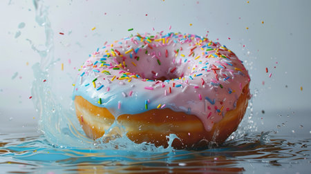 Colorful donuts falling into the water with splash and ripplesの素材